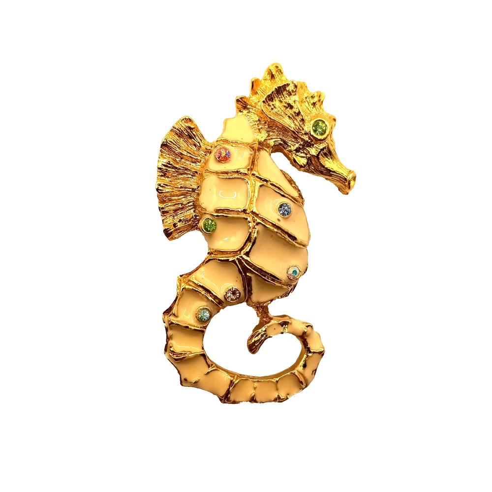 Vintage Seahorse Swarovski Crystals Brooch CRAFT Cream Enameled Gold Pin Ocean